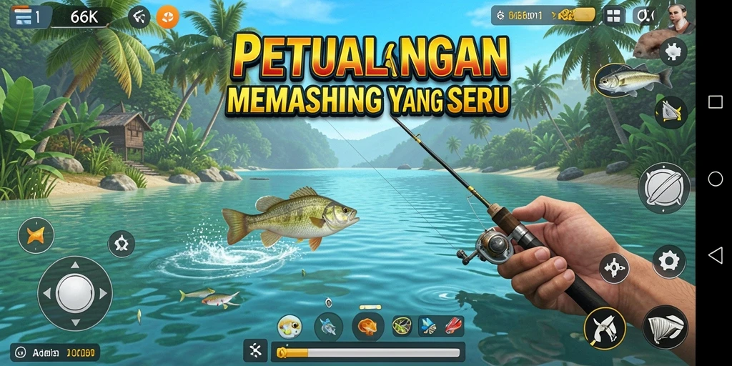 Gameplay 66K yang seru dengan aksi memancing yang mendebarkan.