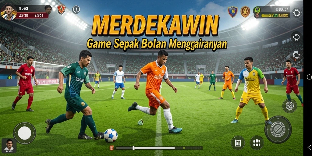 Tangkapan layar menunjukkan aksi seru di lapangan sepak bola di MERDEKAWIN.