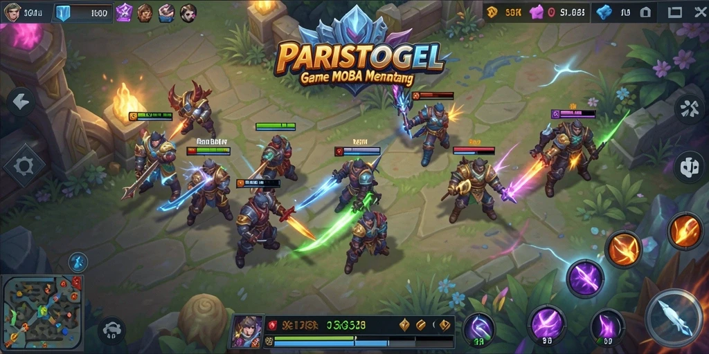 Tangkapan layar utama menampilkan aksi seru dalam permainan MOBA.