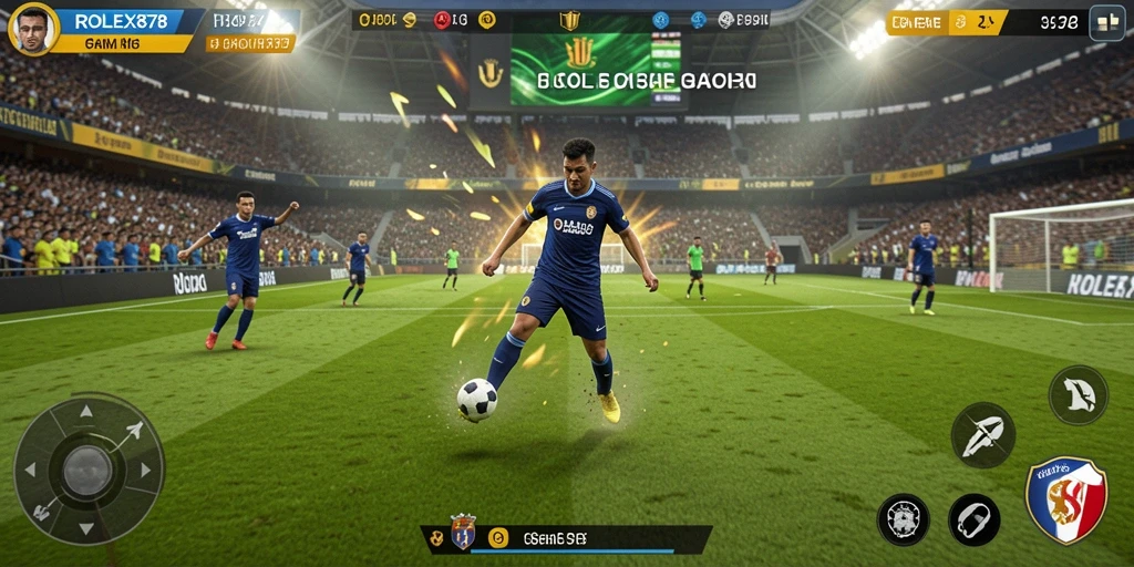 Tampilan layar pertandingan seru dalam game sepak bola.